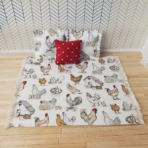 Miniature Dollhouse Farmhouse Chicken Print Rug Red Accent Pillow 1:12 Scale